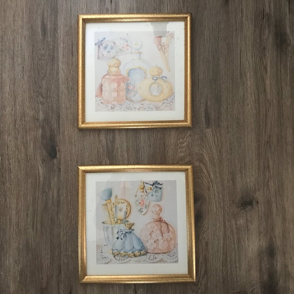 🌸 Pair of Vintage Vanity Watercolor Prints – Gold Frames